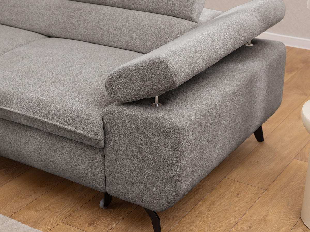 ECKSOFA mit Schlaffunktion und Bettkasten Bonnie aus Hellgrau Chenille-Stoff mit verstellbaren Kopfstützen und Armlehne - Ottomane links - Hellgrau/Schwarz, Holz/Textil (275/210cm) - S-Style Möbel