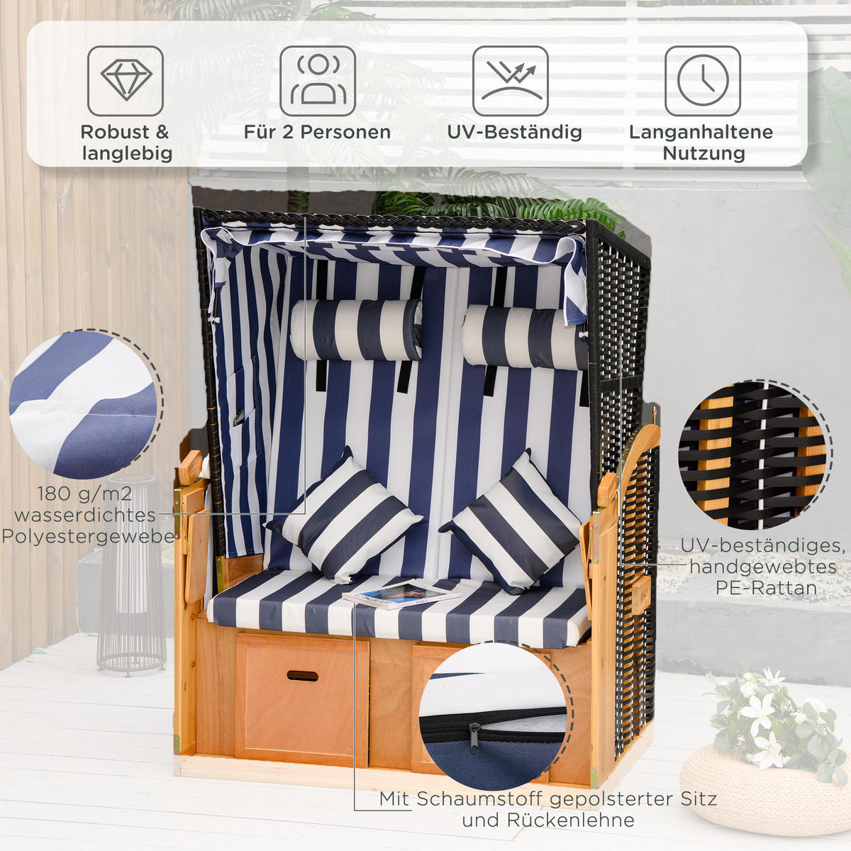 DOPPELTE Sonnenliege mit Dach PE-Rattan Blau+Weiß 118 x 79 x 160 cm - Blau, Kunststoff (79/160/118cm) - Outsunny