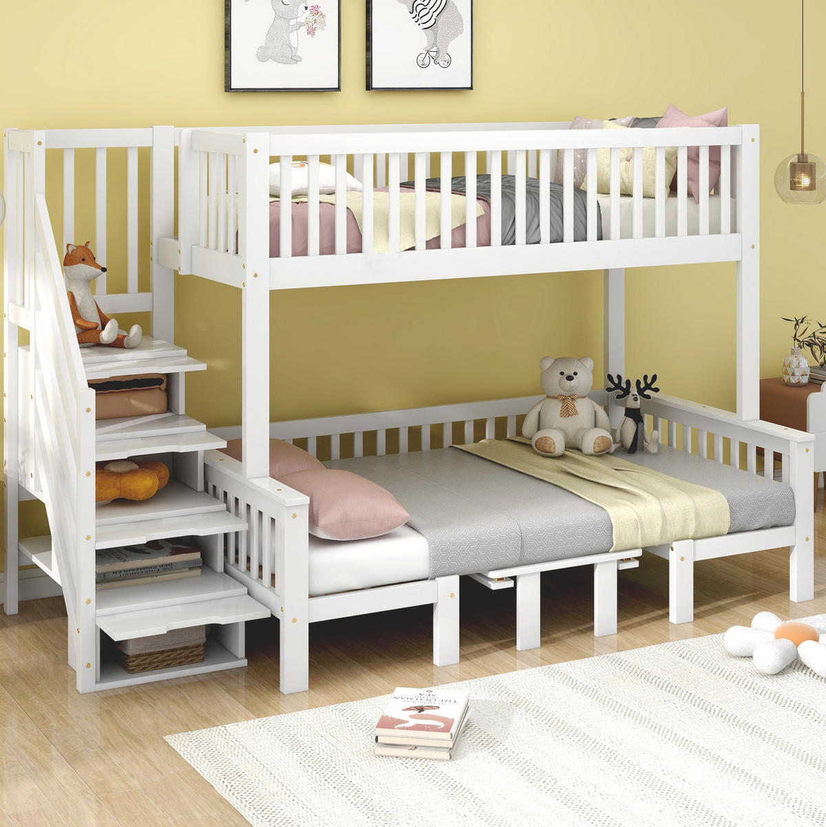 HOCHBETT 90/200 & 120/200 cm aus Kiefer und MDF mit Stauraumtreppe und Klapptisch Weiß - Weiß, Holz (90/200cm) - Modenvie