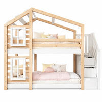 ETAGENBETT 90/200 mit Stauraumtreppe, Fensterdesign und Rausfallschutz in Natur und Weiß - Schwarz, Holz (90/200cm) - EVRYAE