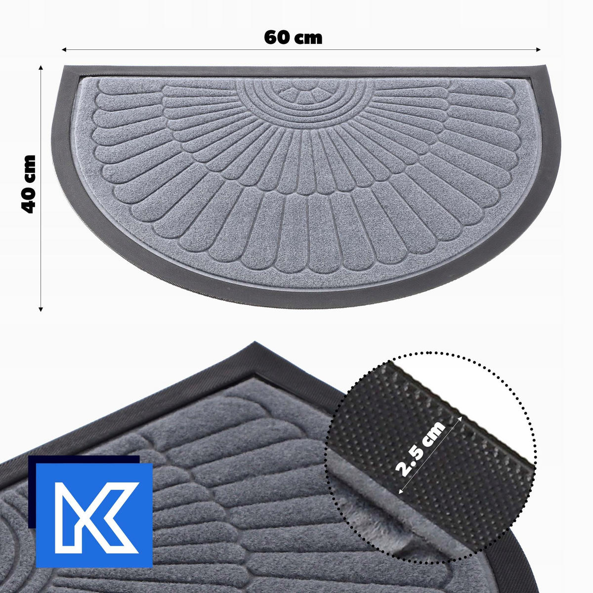 FUSSMATTE 60 x 40 cm, halbrund - Grau, Kunststoff (60/40cm) - KADAX