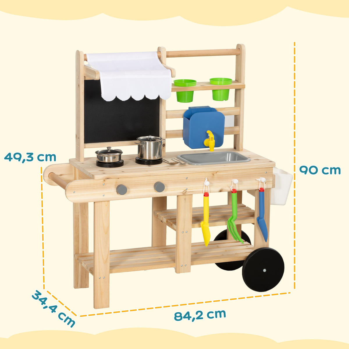 OUTDOOR-KINDER-MATSCHKÜCHE Tannenholz Edelstahl Naturholz - Naturfarben, Holz (34.4/84.2cm) - AIYAPLAY