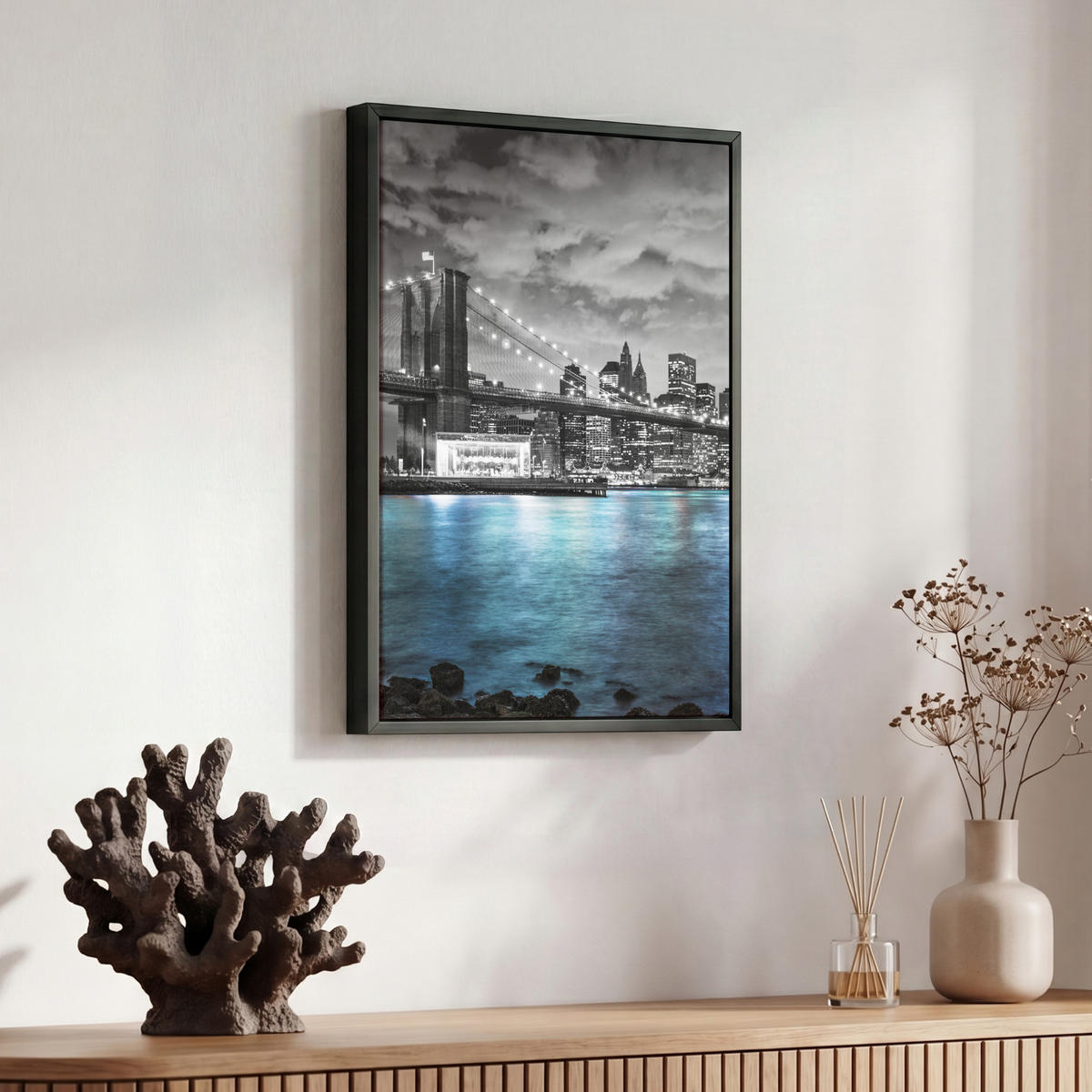 LEINWAND Bilder mit Rahmen - New York - Skyline - Stadt - Blau - 30x40 - Blaugrau, Textil (30/40cm) - MuchoWow
