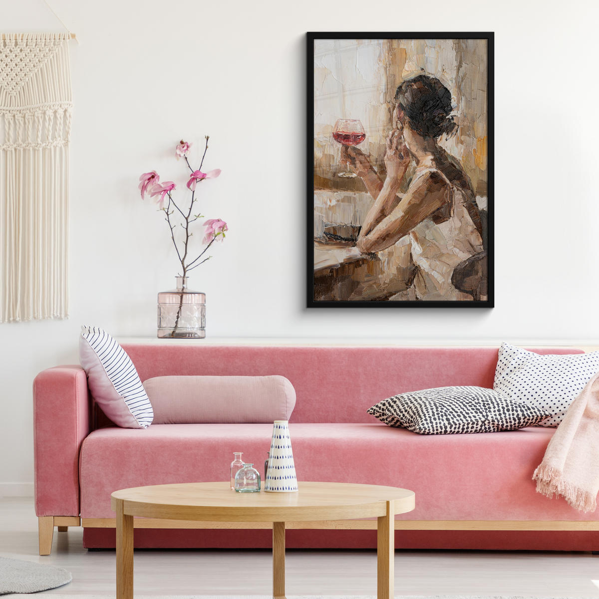 ZARÁMOVANÝ PLAGÁT Olejomaľba - Žena - Víno 60x90 cm - svetlohnedá, papier (60/90cm) - MuchoWow