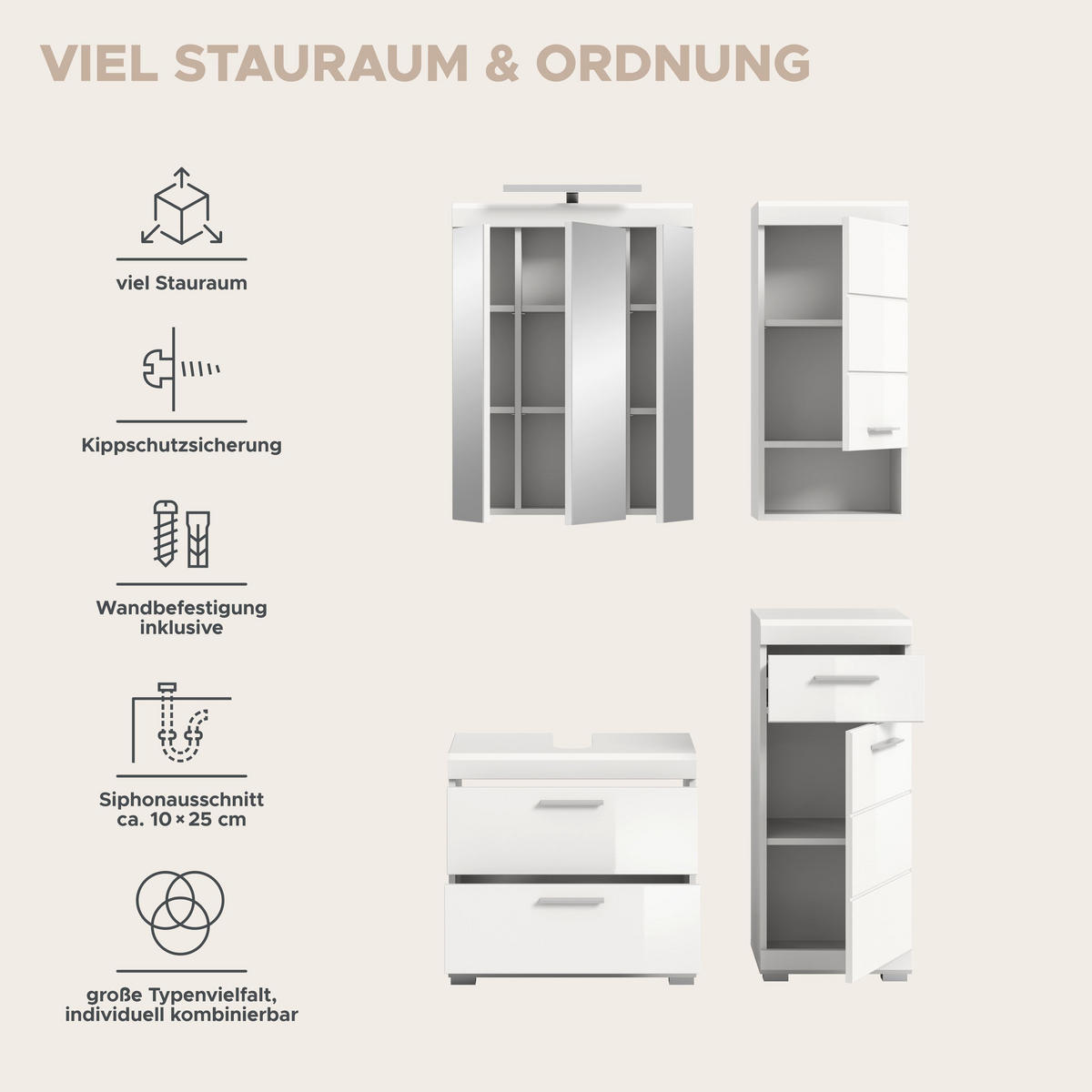 BADKOMBINATION 4tlg. Scout Bad in weiß Nachbildung und weiß hochglanz B/H/T: 112x191x34 cm - Weiß, Holz (112/191/37cm)