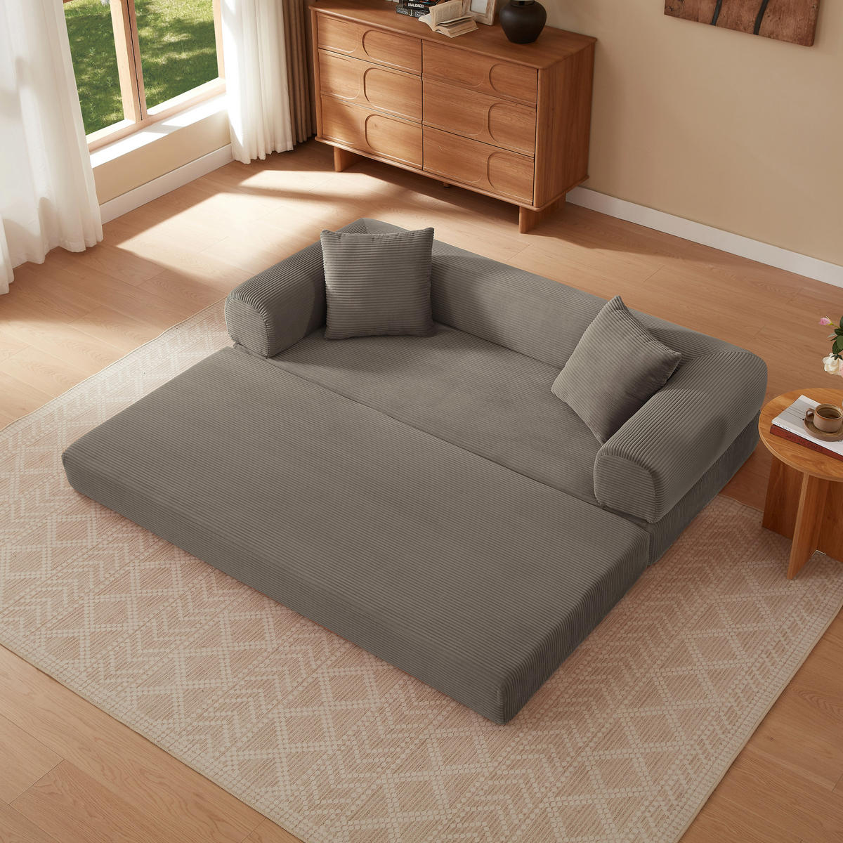SCHLAFSOFA aus Cord in Taupe – 2-in-1 Bodensofa & Gästebett ohne Montage - Taupe, Textil (89/59/195cm) - Urban Meuble