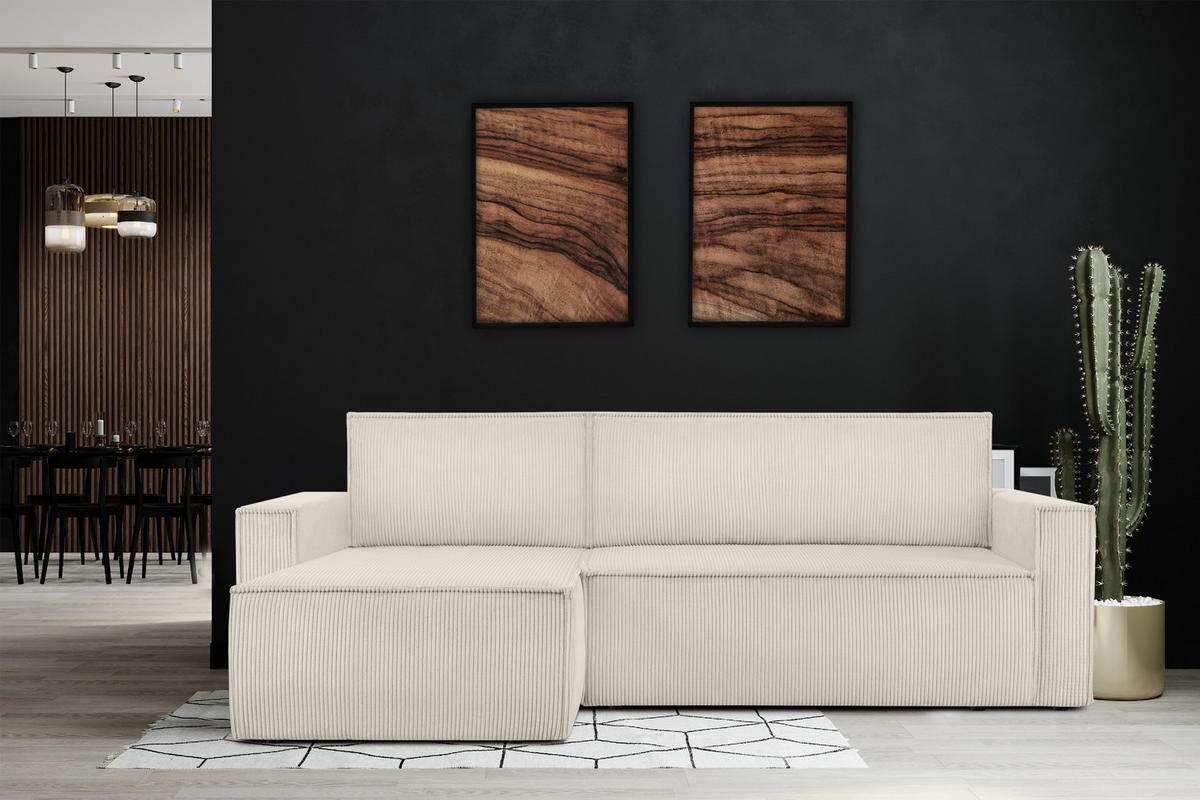 ECKSOFA-LINKS/RECHTS NAPI Schlaffunktion mit Cordbezug, beige - Ecru/Schwarz, Textil (246/148cm) - KONSIMO®