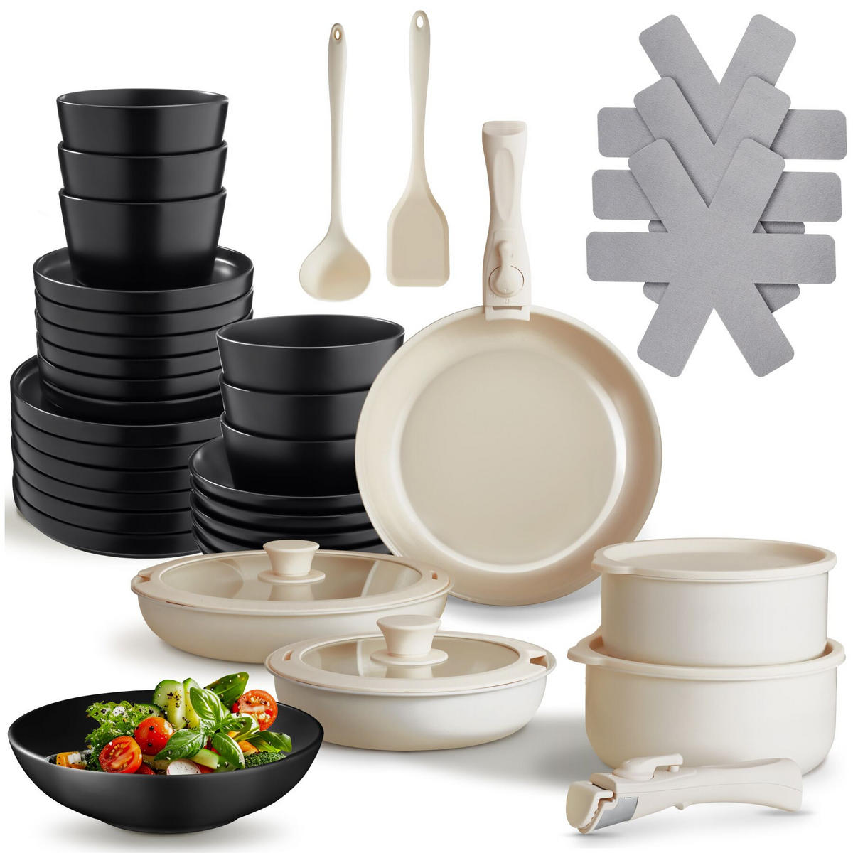 KÜCHENSTARTERSET 40er SetUna/Genua, inklusive Küchenwerkzeugen, Topfschonern und anklemmbaren Griffen, schwarz/weiß - Schwarz/Weiß, Keramik - tectake