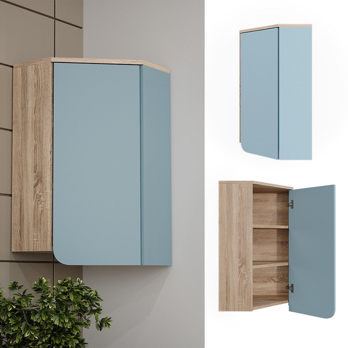 BADSCHRANK Karen Blau-Grau 42.4 x 75 cm mit Tür und offenen Fächern - Dunkelblau/Sonoma Eiche, Holzwerkstoff (42.4/75/42.4cm) - Vicco