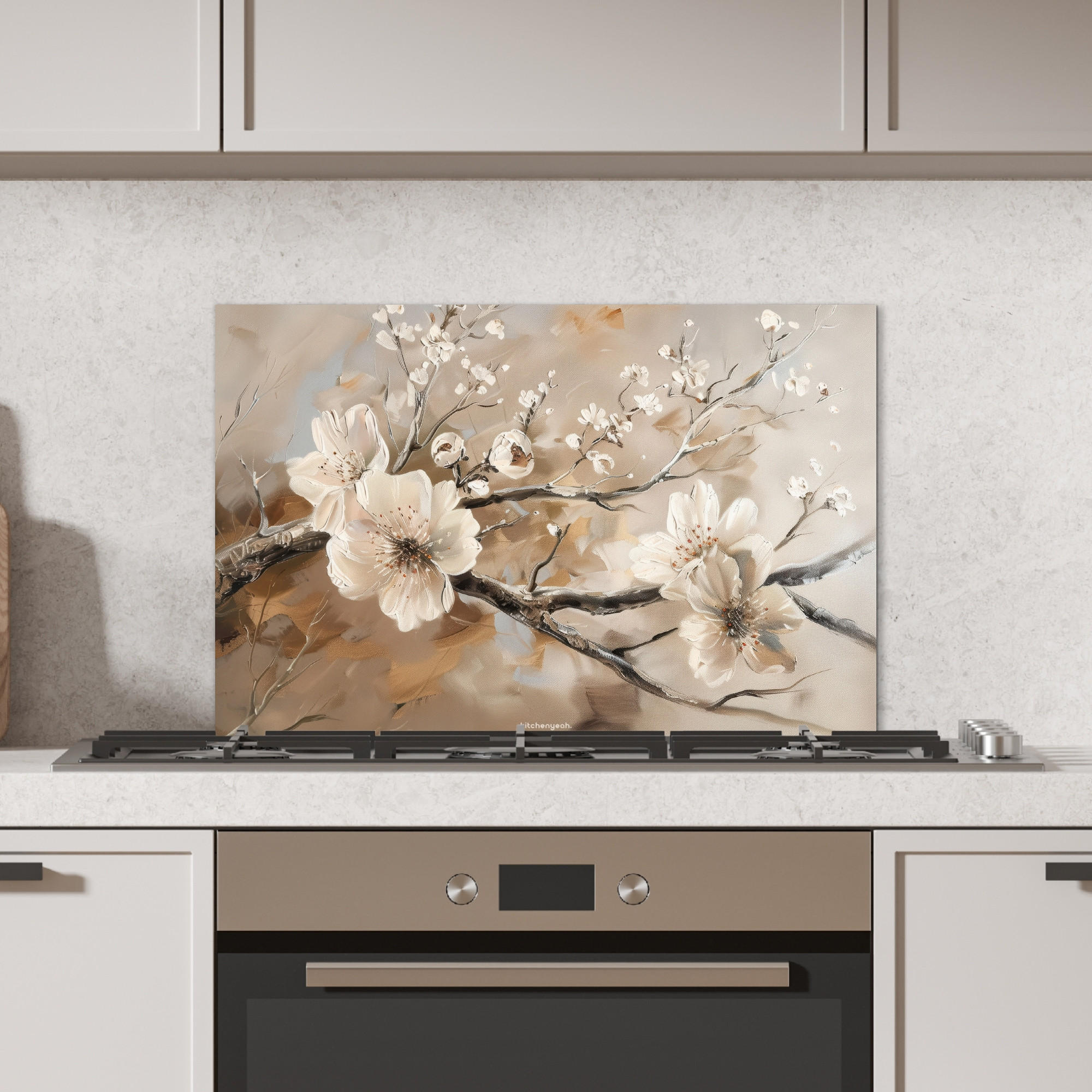 SPRITZSCHUTZ KÜCHE Blumen - Abstrakt - Gemalt - Beige 70x50 cm - Greige, Metall (70/0.3/50cm) - MuchoWow
