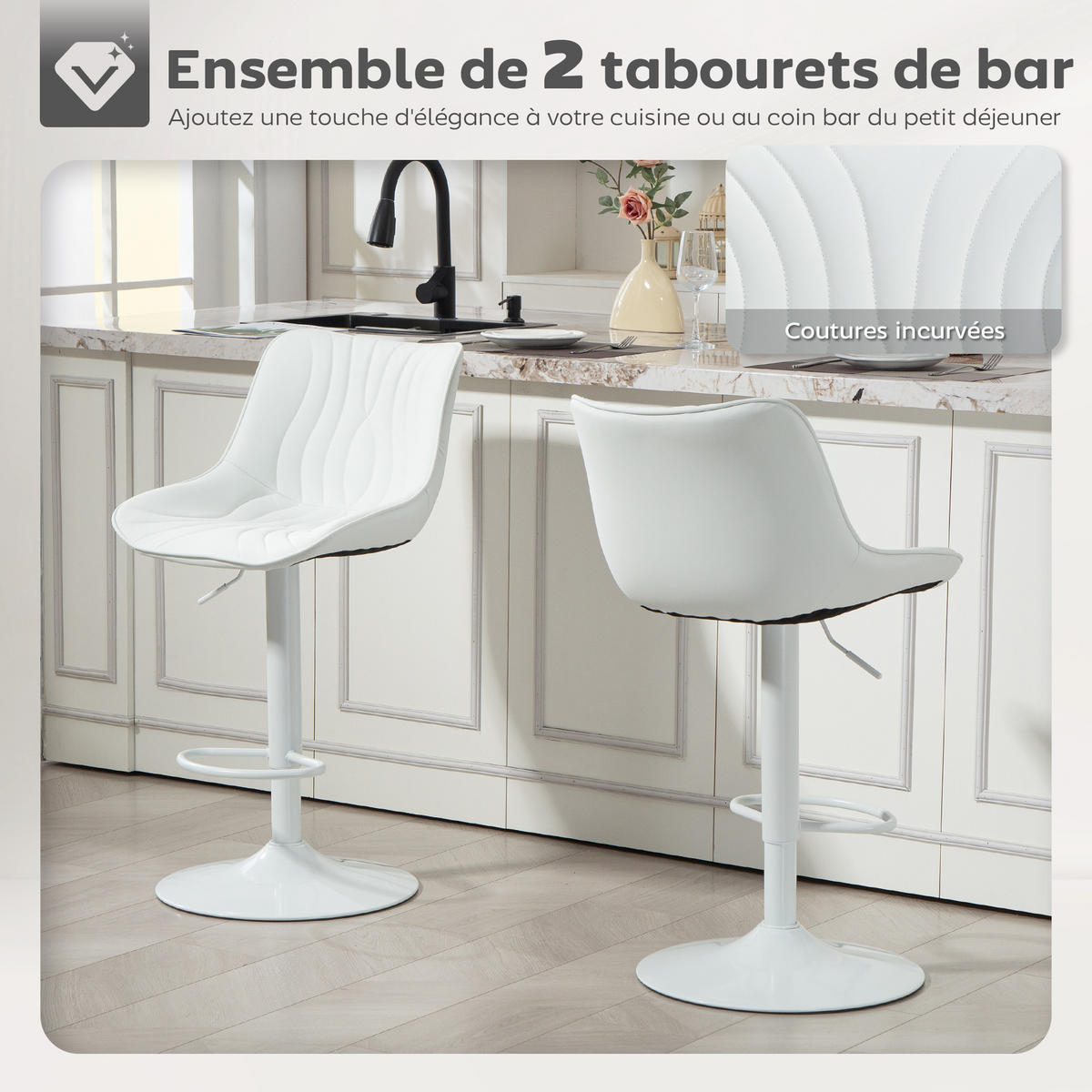 BARHOCKER 2er-Set DE-14774 höhenverstellbar & 360° schwenkbar Weiß - Weiß, Metall (47.5/110/54cm) - ComfortXL
