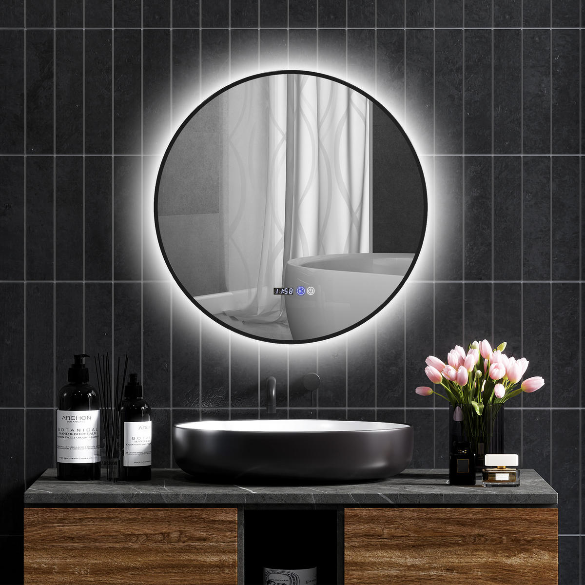 BADEZIMMERSPIEGEL,EINSTELLBARER Helligkeit,Touch-Schalter,70cm Durchmesser,schwarz - Schwarz, Glas (3/70/70cm) - Vallsero