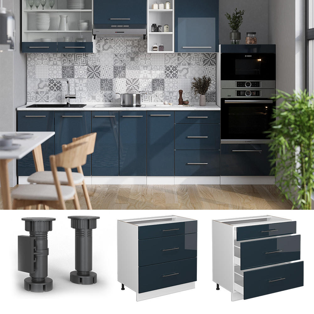 KÜCHENSCHRÄNKE Fame-Line Dunkelblau Hochglanz 80 cm mit 3 Schubladen, AP Marmor - Weiß/Dunkelblau, Holzwerkstoff (80/82/60cm) - Vicco