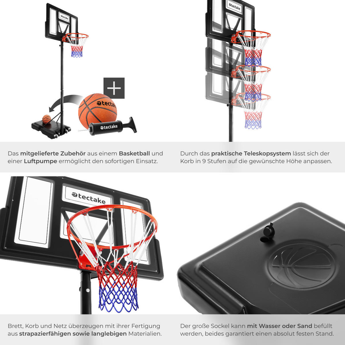 BASKETBALLKORB Dirk,mit Rollen, inklusive Ball und Pumpe,schwarz - Schwarz, Textil (111/150cm) - tectake