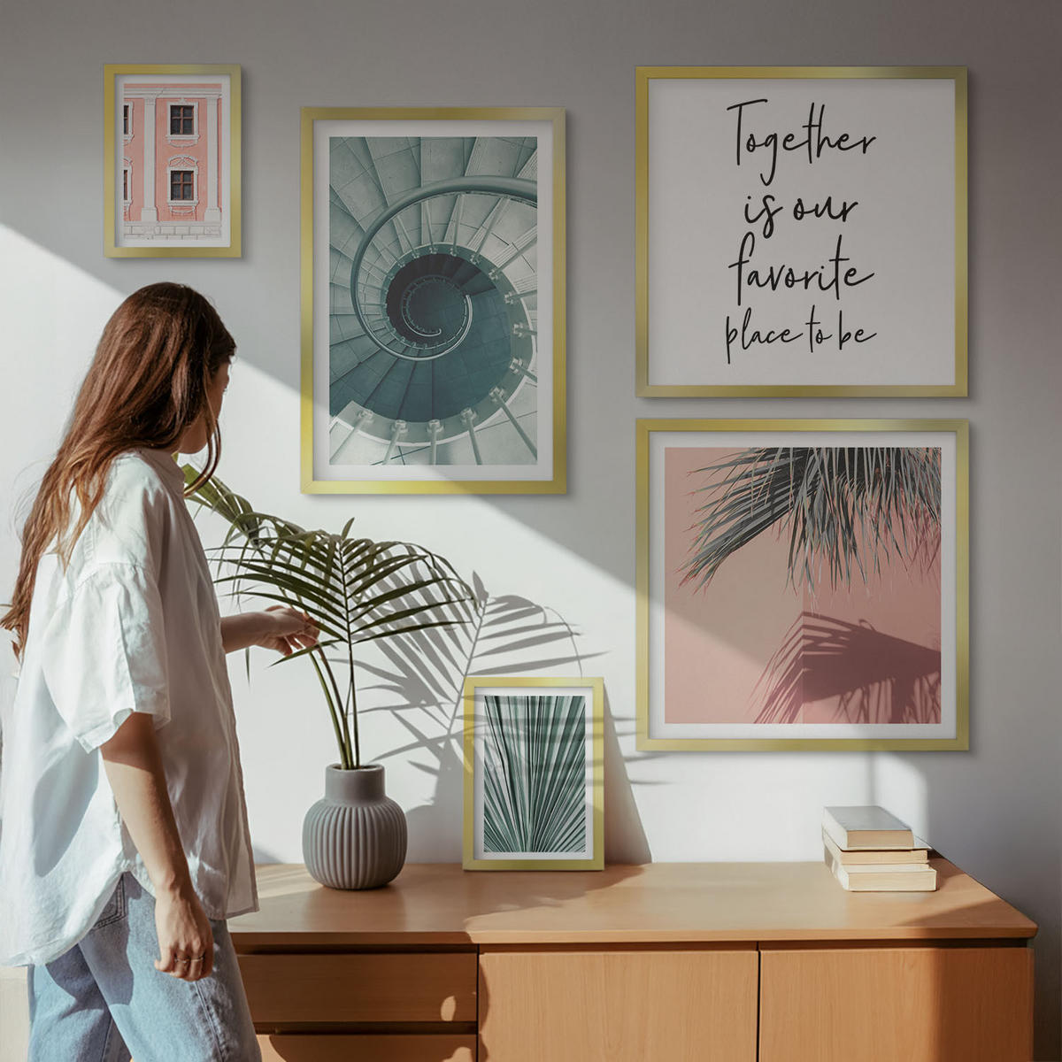 BILDER SET 5er Set - 50x50 cm & 20x30 cm & 40x60 cm Goldrahmen - Architektur-Pastellmuster - Goldfarben, Kunststoff (40/60cm) - TULUP