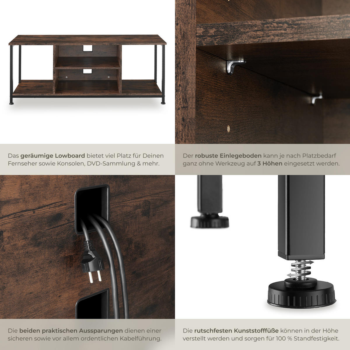 TV-REGAL Denver,120 x 40 x 50,5 cm,Industrial Holz dunkel, rustikal - Rostfarben, Holzwerkstoff (40/50.5/120cm) - tectake