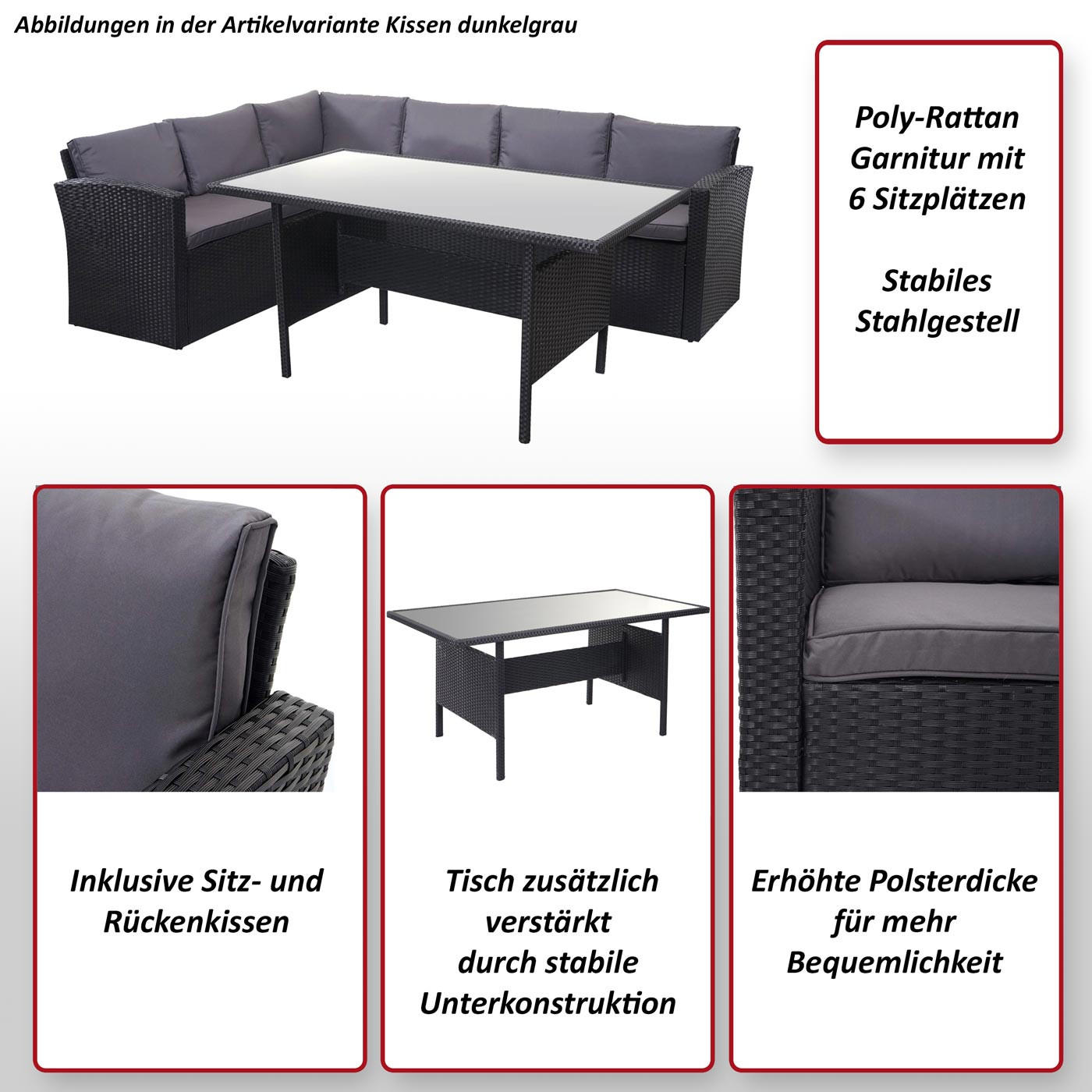 POLY-RATTAN-GARNITUR Schwarz 1 Eckbank, 1 Tisch-Set - Schwarz, Kunststoff - MCW
