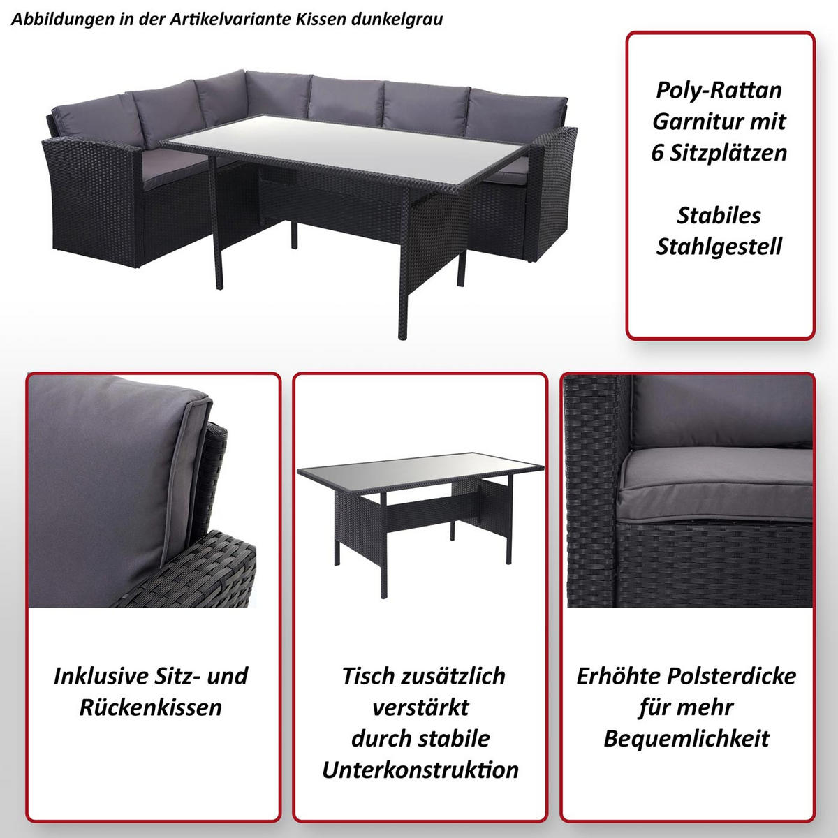 POLY-RATTAN-GARNITUR Schwarz 1 Eckbank, 1 Tisch-Set - Schwarz, Kunststoff - MCW