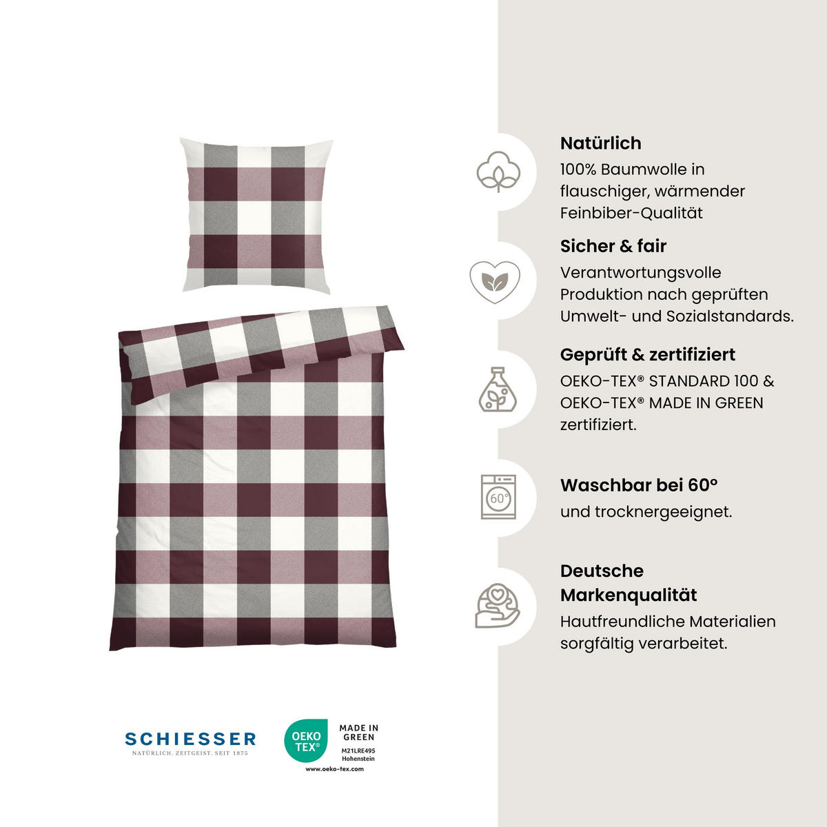 BETTWÄSCHESET Alice - Feinbiber - 2-teilig - 135 x 200 cm - Burgund - Rotbraun, Textil (135/200cm) - SCHIESSER