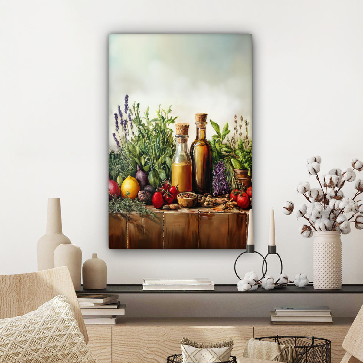 LEINWANDBILD Stilleben - Kräuter - Gewürze - Früchte - Farbenfroh Wanddeko 40x60 cm - Grün, Textil (40/60cm) - MuchoWow