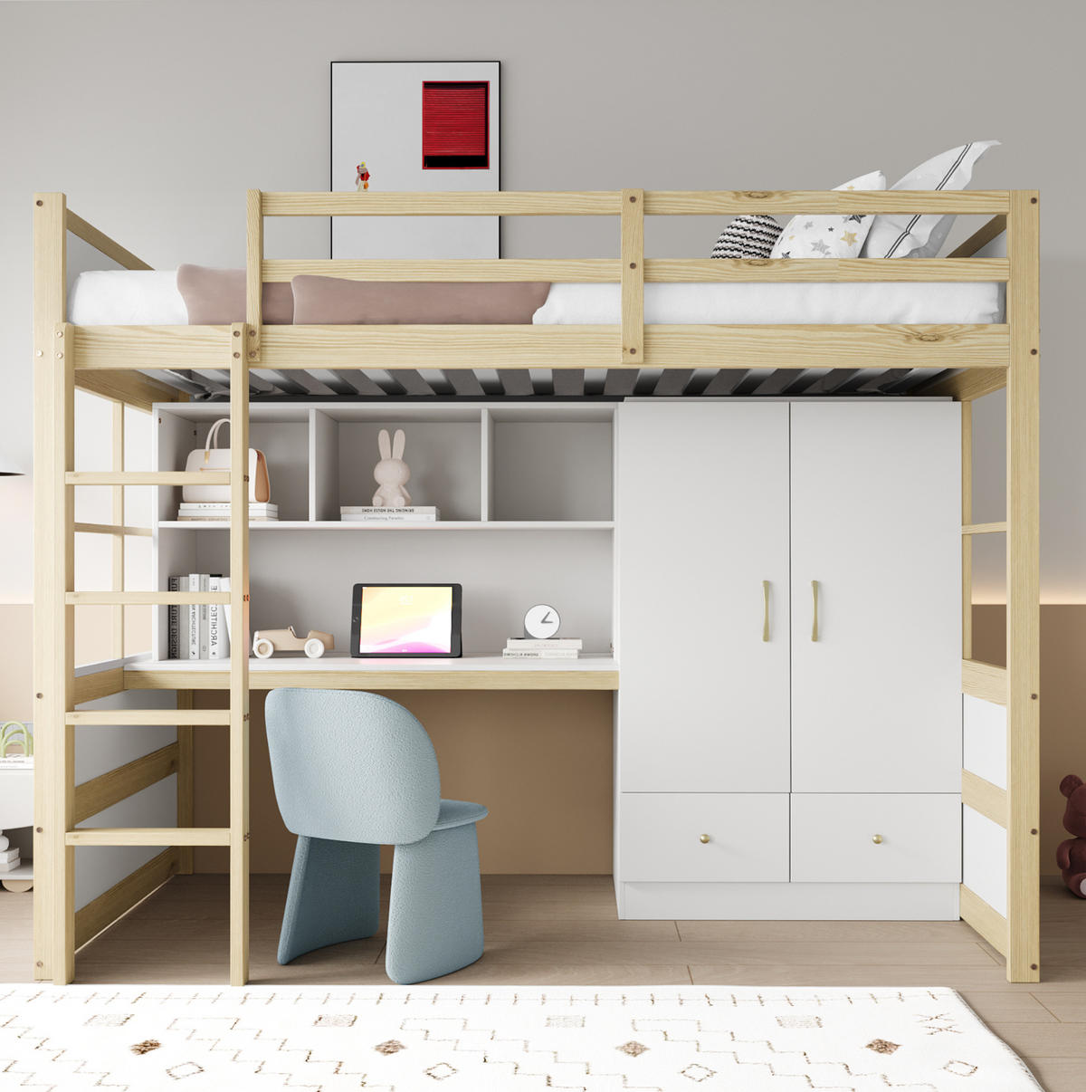 HOCHBETT aus Kiefernholz 90x200 cm Natur mit Schreibtisch, Kleiderschrank und Schubladen - Naturfarben, Holz (90/200cm) - IVMEU