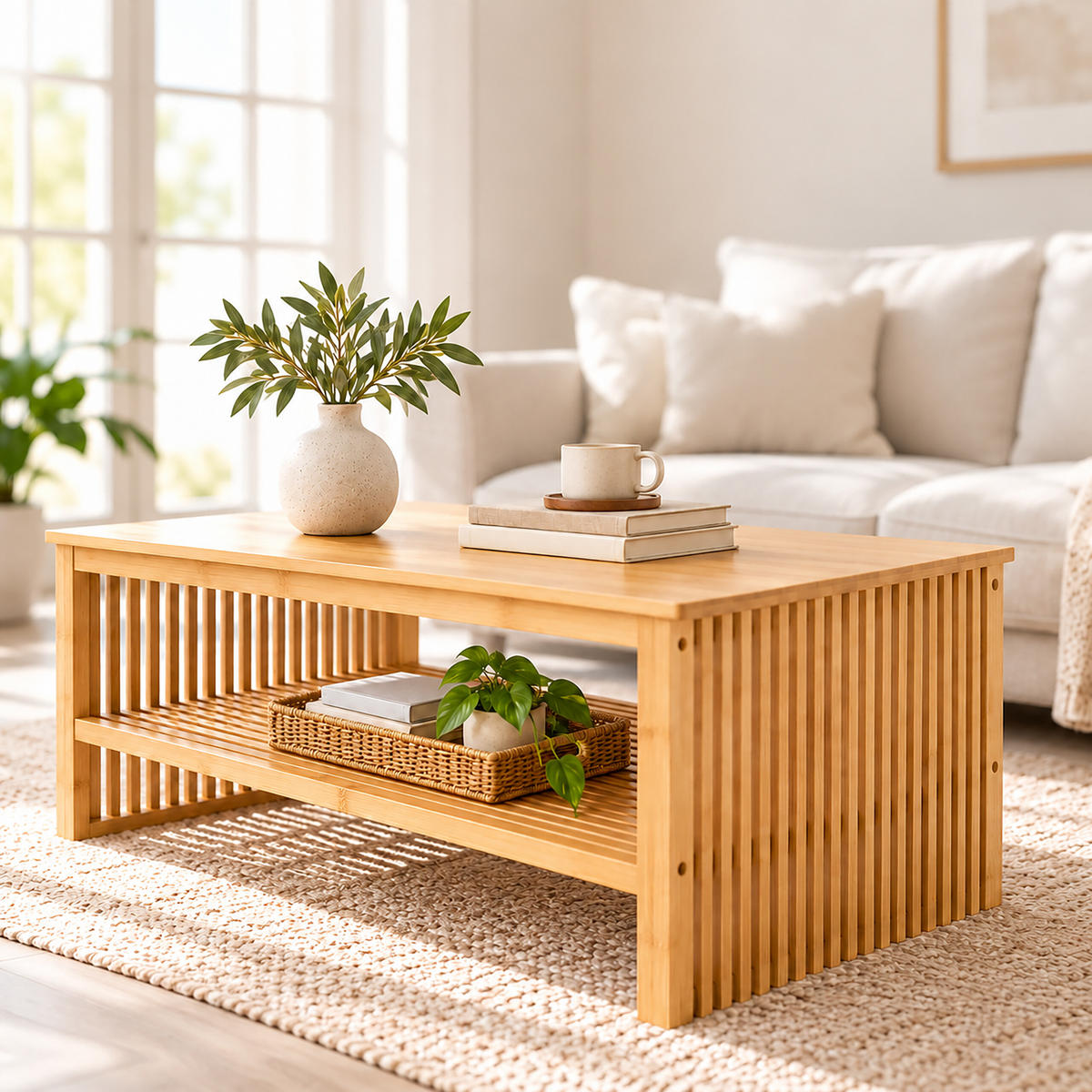 KONFERENČNÍ STOLEK Přírodní bambus s policí 98/55/46 cm - světle hnědá, dřevo (55/98/48cm) - Relaxdays