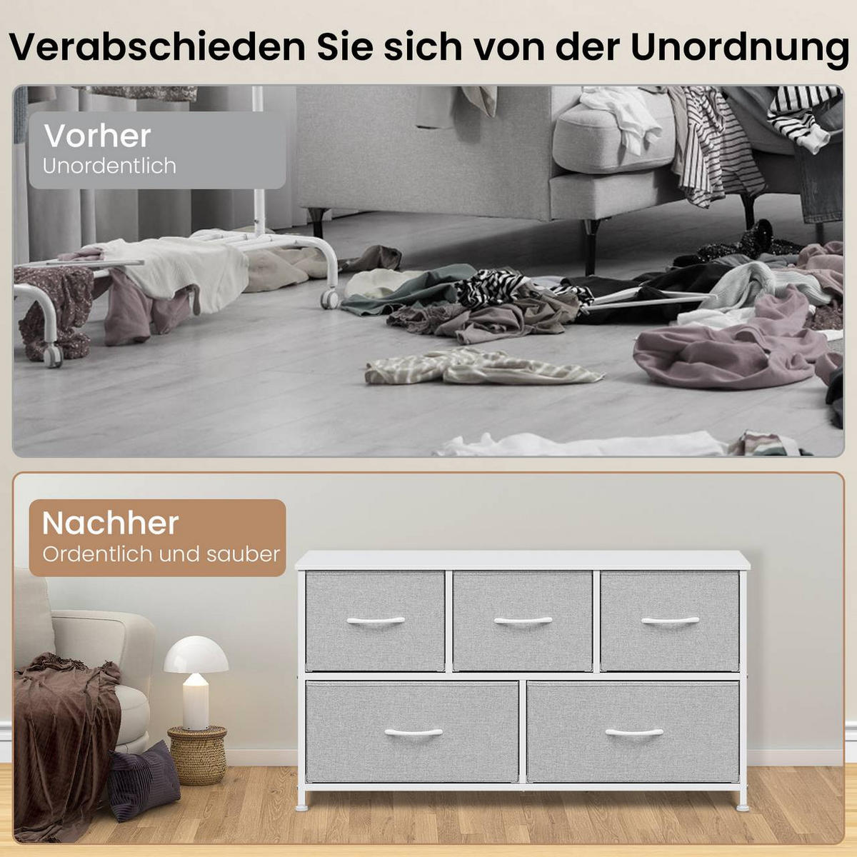 KOMMODENSCHRANK mit 5 Schubladen aus Holzwerkstoff ,Metallrahmen,Hellgrau - Hellgrau/Weiß, Holzwerkstoff/Metall (100/54/30cm) - Woltu