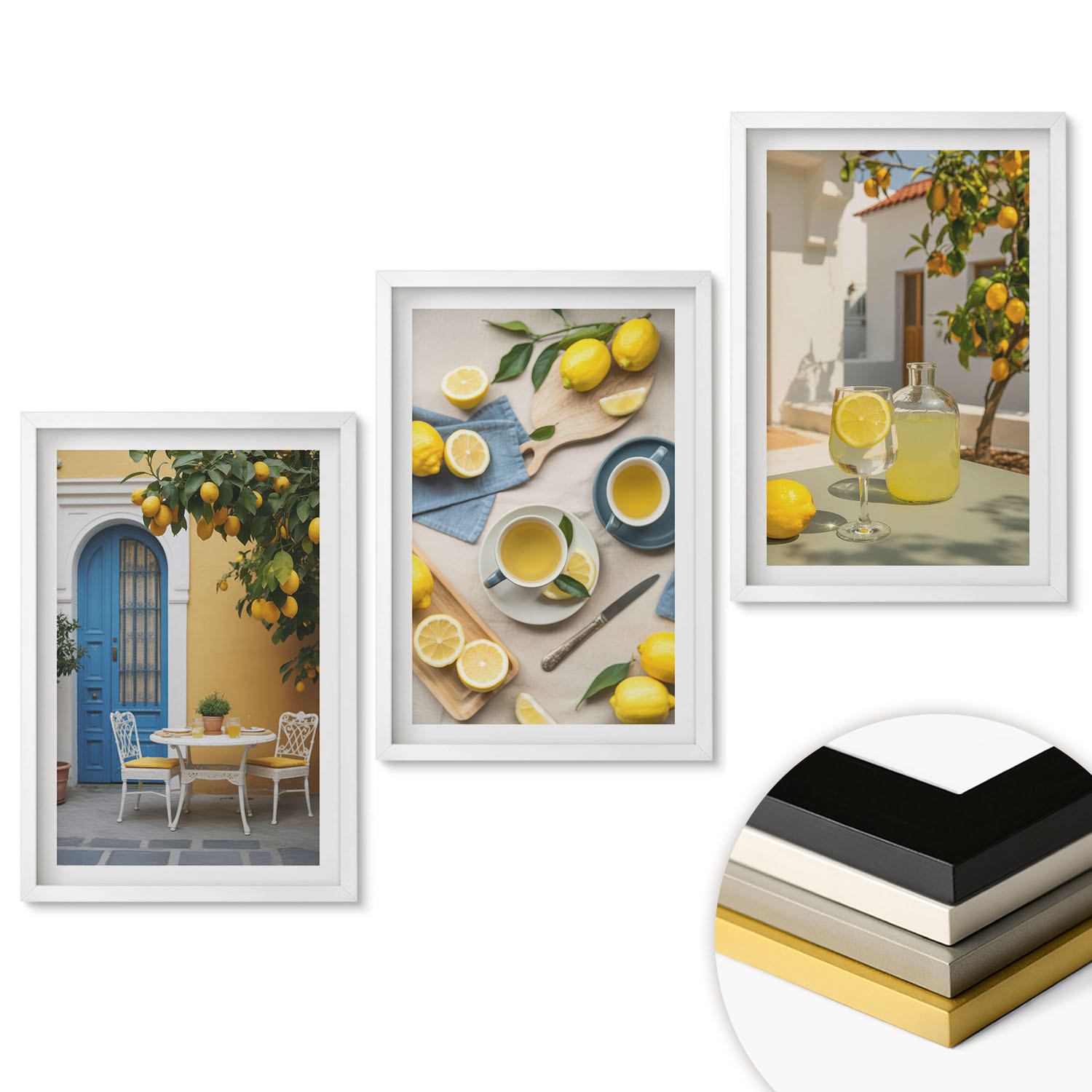 WANDBILDER 3er-Set - 40x60 cm Weißer Rahmen - Zitronenlimonade blaue Tür - Weiß, Kunststoff (40/60cm) - ArtPrintCave