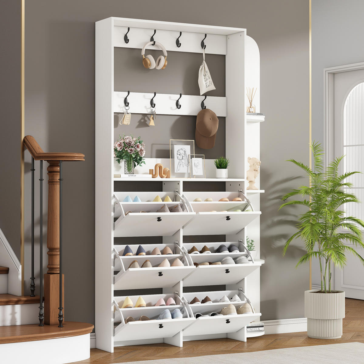 GARDEROBENSCHRANK mit Schuhaufbewahrung 120 x 24 x 200 cm Weiß 6 Klapptüren - Weiß, Holzwerkstoff (24/200/120cm) - Beauniv