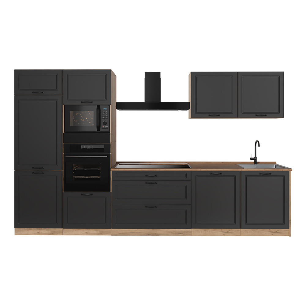 KÜCHENZEILE R-Line, Anthrazit Landhaus/Goldkraft Eiche, 340 cm Arbeitsplatte Goldkraft Eiche - Eichefarben/Anthrazit, Holzwerkstoff (340/206.8/60cm) - Vicco