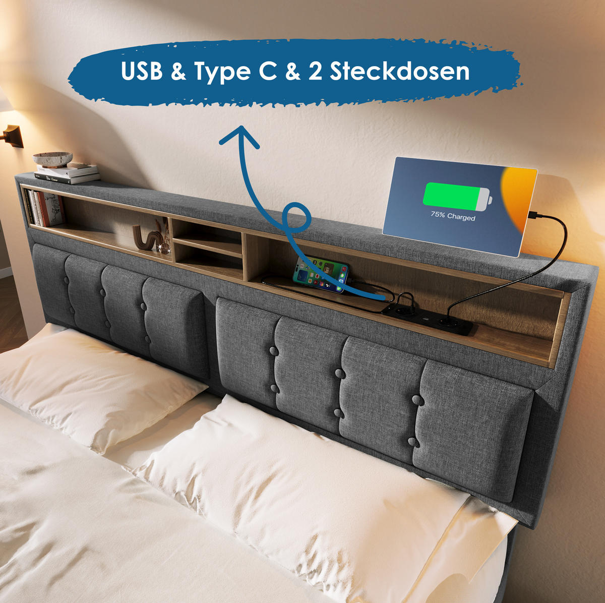 POLSTERBETT 140/200 cm Grau mit 4 Schubladen und USB- und Type-C-Anschlüssen - Grau, Textil (140/200cm) - Flora Grace