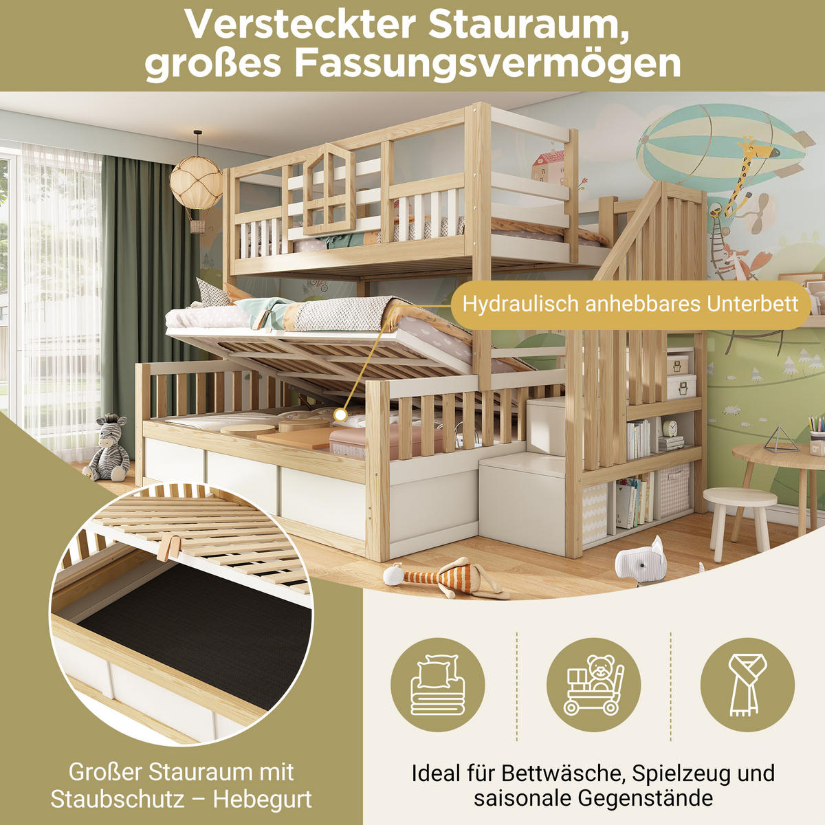 ETAGENBETT 90/200 cm & 140/200 cm in Weiß & Eichefarben mit Bettkasten, Treppe mit Ablagefächern und Fenstern - Weiß/Naturfarben, Holzwerkstoff (140/200cm) - STILVORA