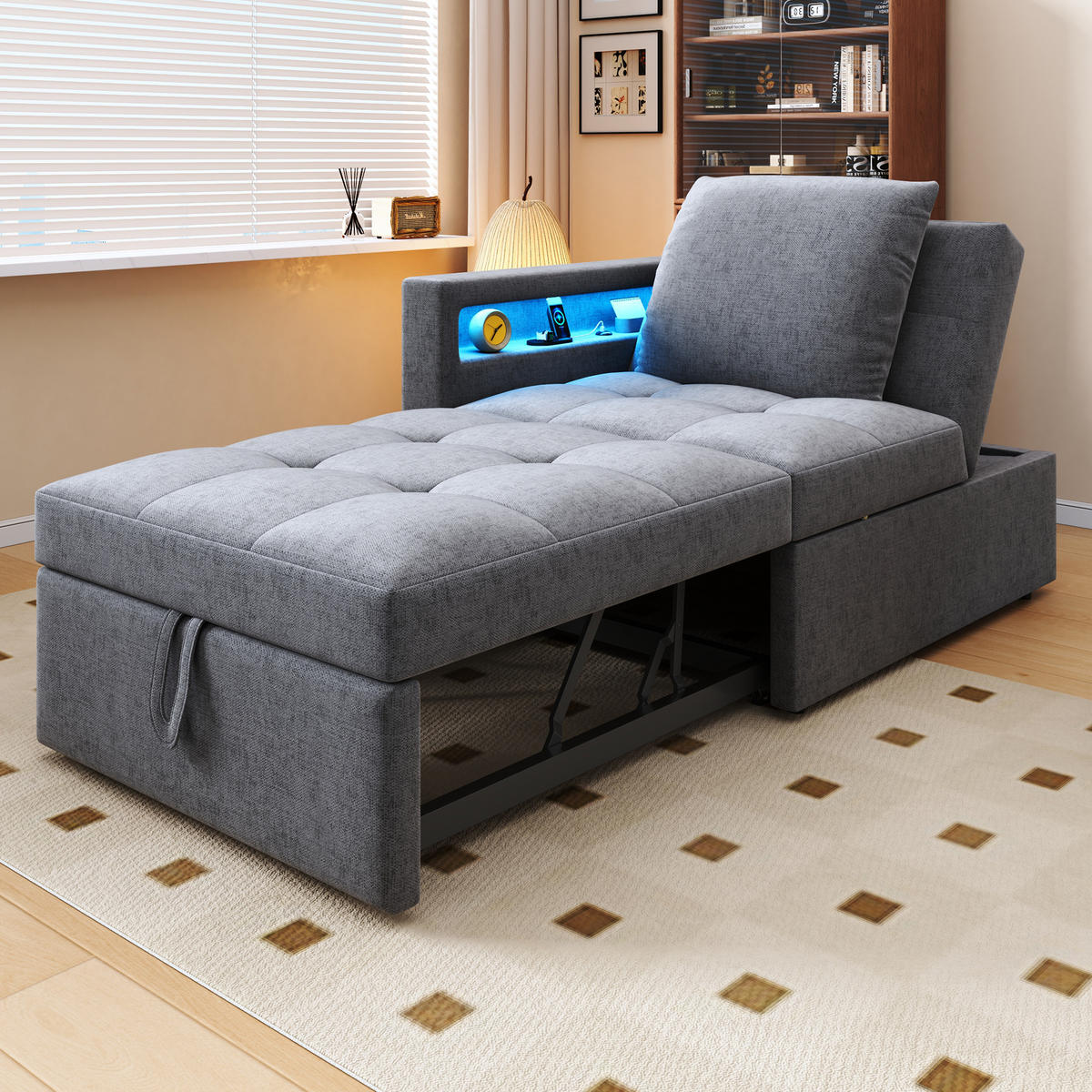 SCHLAFSOFA 3in1 LED USB Leinen - Hellgrau, Textil (177/65/68cm)