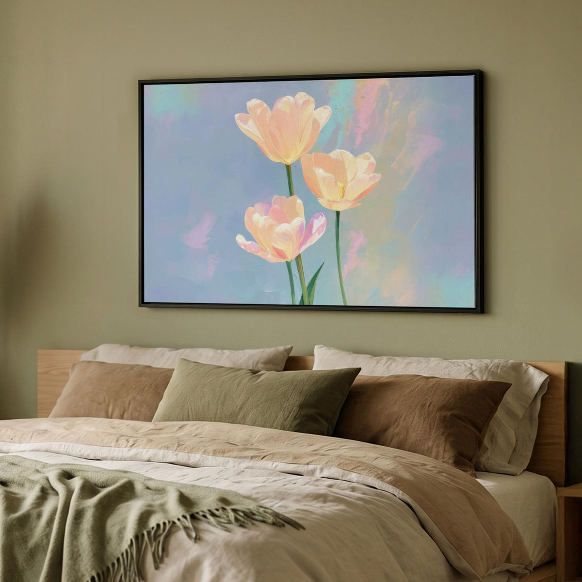LEINWAND Bilder mit Rahmen - Tulpen - Rosa Akzente - Blau - 90x60 - Pastellblau, Textil (90/60cm) - MuchoWow