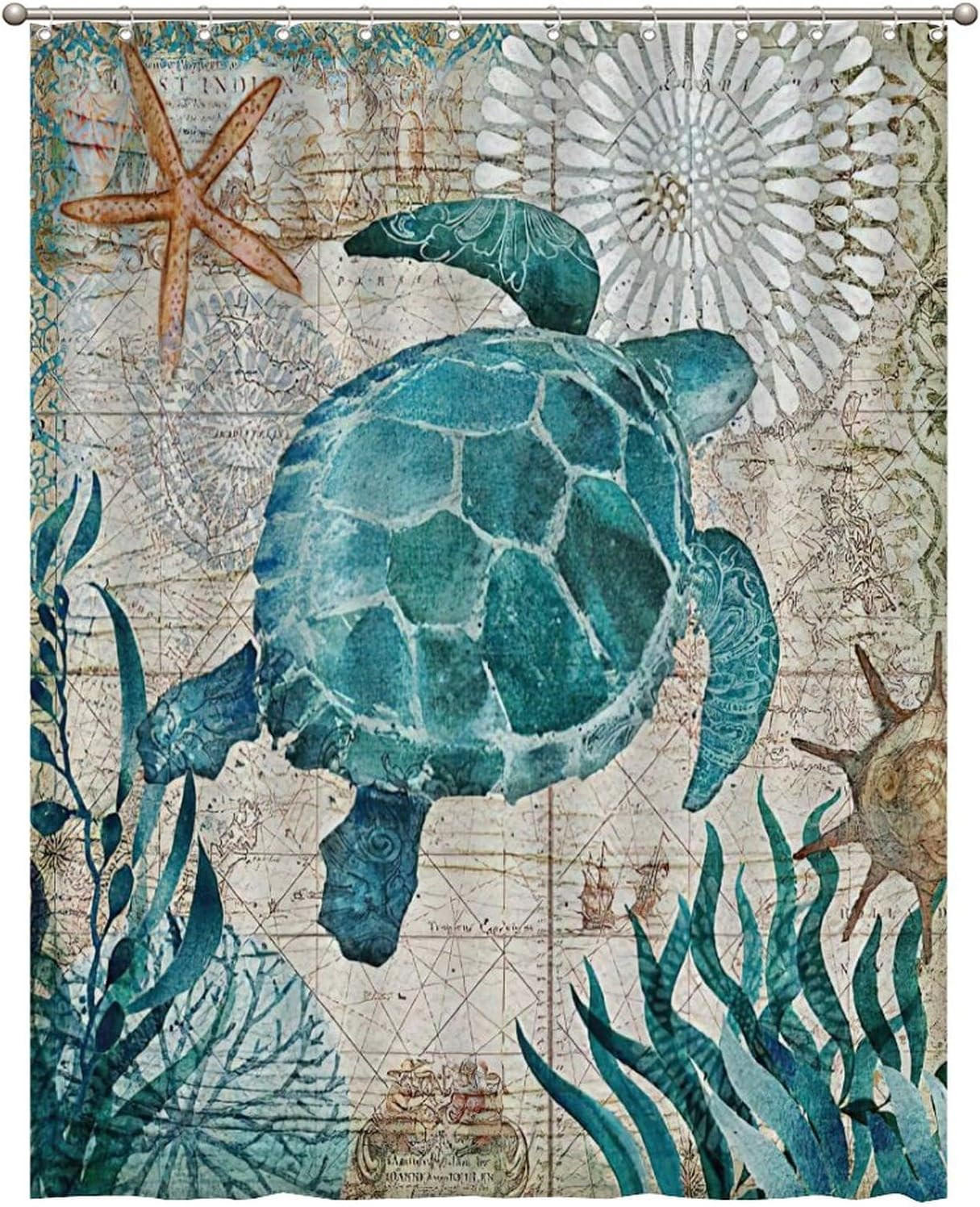 DUSCHVORHANG nautisch Vintage Muster Schildkröte Blau Petrol fürs Badezimmer 180 cm - Multicolor, Textil (120/180cm) - MCBOSON