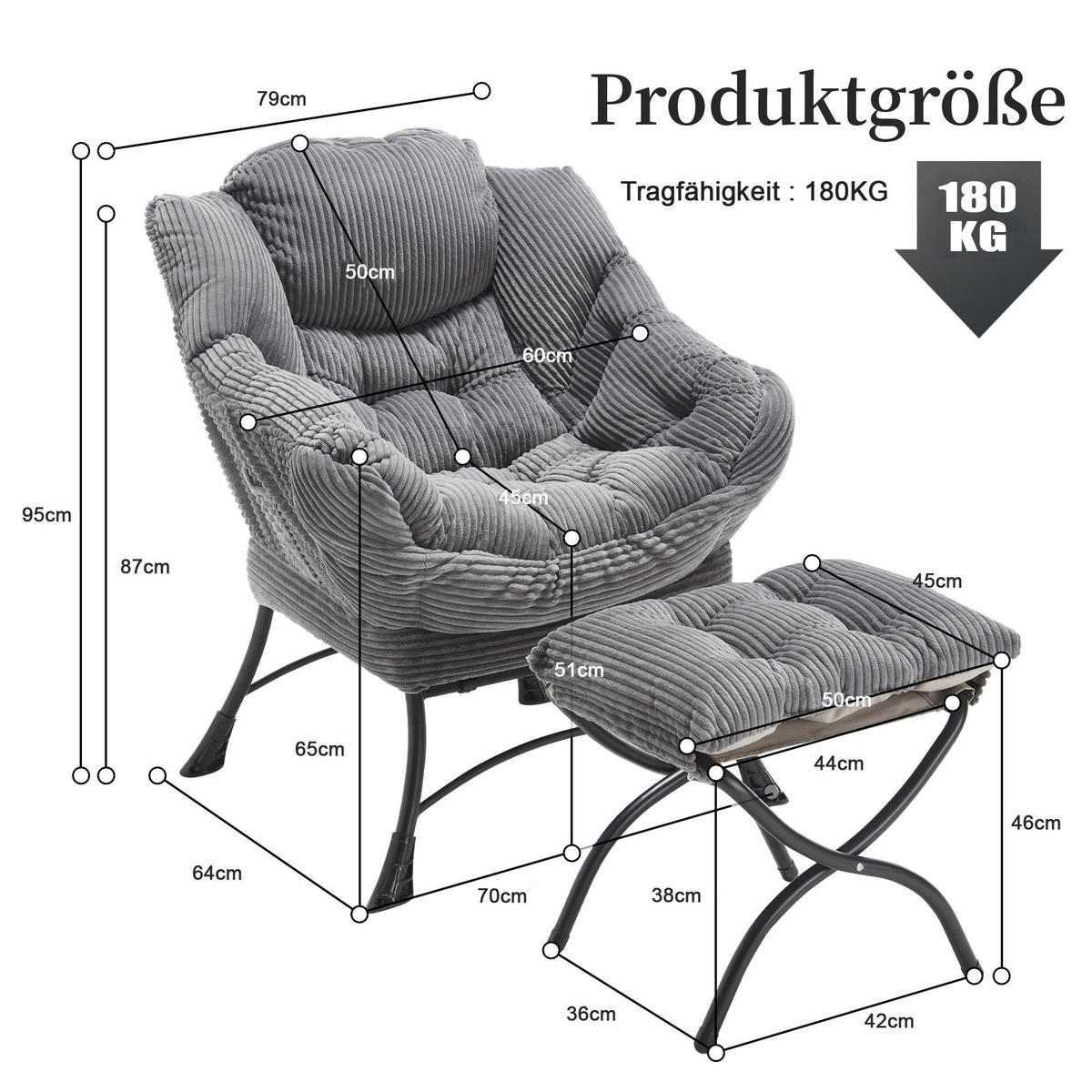 LOUNGESESSEL Relaxsessel mit Hocker,dicke Polsterung,Grau - Grau, Metall (70/95/64cm) - LVHOM