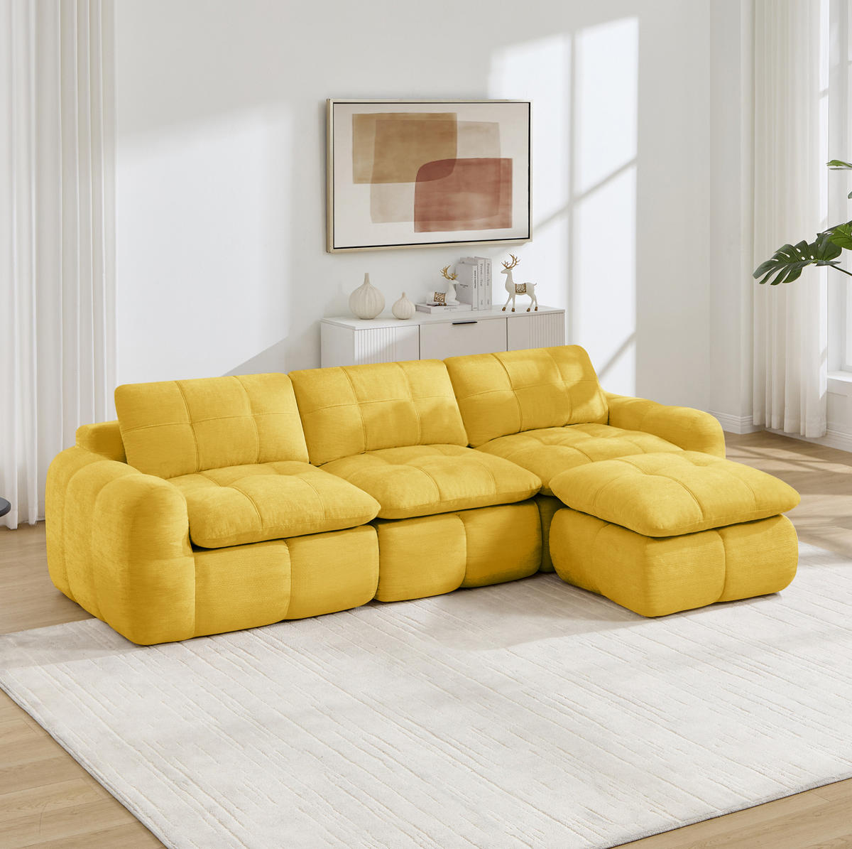 SOFA 264/160/68 cm in Gelb aus Chenille mit Ottomane, rahmenlos und flexibel - Gelb, Textil (160/68/264cm) - Flora Grace