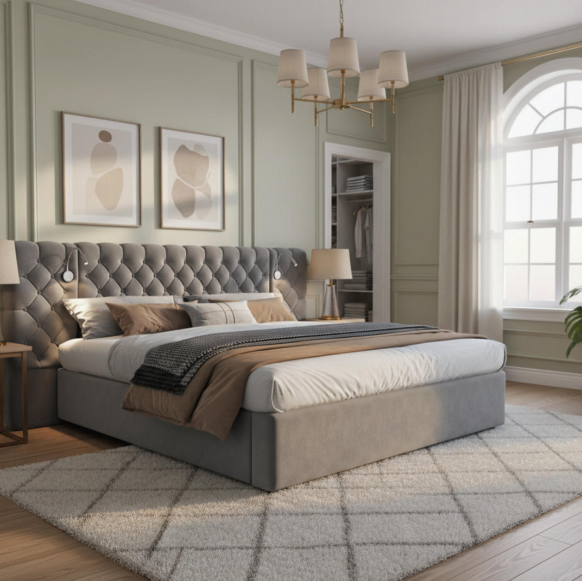 POLSTERBETT aus Samt 180x200 cm Grau mit hydraulischem Bettkasten und Leselicht - Grau, Textil (180/200cm) - IVMEU