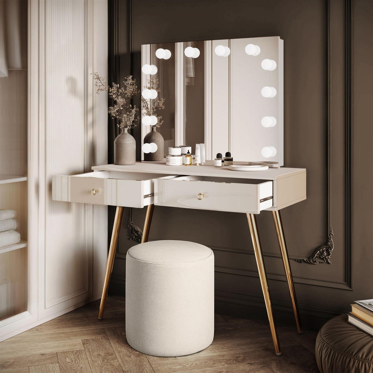 SCHMINKTISCH SIENNA GOLD ELITE auf schrägen Beinen Kristallgriff - Beige, Holzwerkstoff (100/81/42cm) - Lookway