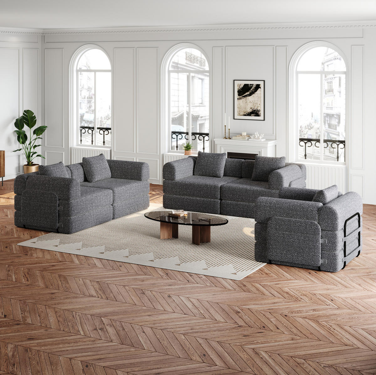 SCHLAFSOFA aus Chenille Grau 2-in-1 mit Armlehnen-Staufach und flexibler Modulgestaltung - Grau, Textil (183.8/69.8/274cm) - Modfu
