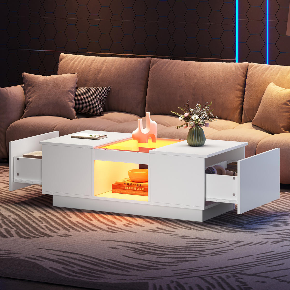 COUCHTISCH aus Spanplatte 100x50x35,5 cm in Weiß mit LED & App-Steuerung - Weiß, Holzwerkstoff (100/50/35.5cm) - Modfu