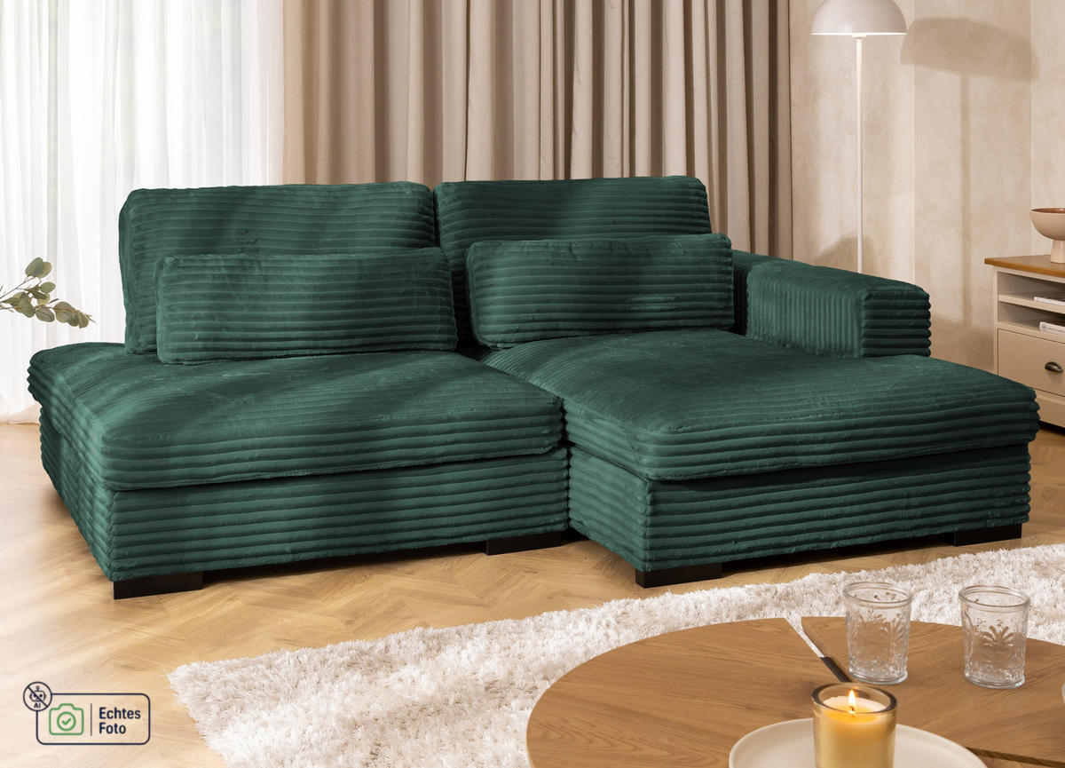 ECKSOFA Wolke mit tiefer Sitzfläche, Schlaffunktion und praktischem Bettkasten aus weichem Grün Cordstoff - Schwarz/Grün, Holz/Kunststoff (225/162cm) - S-Style