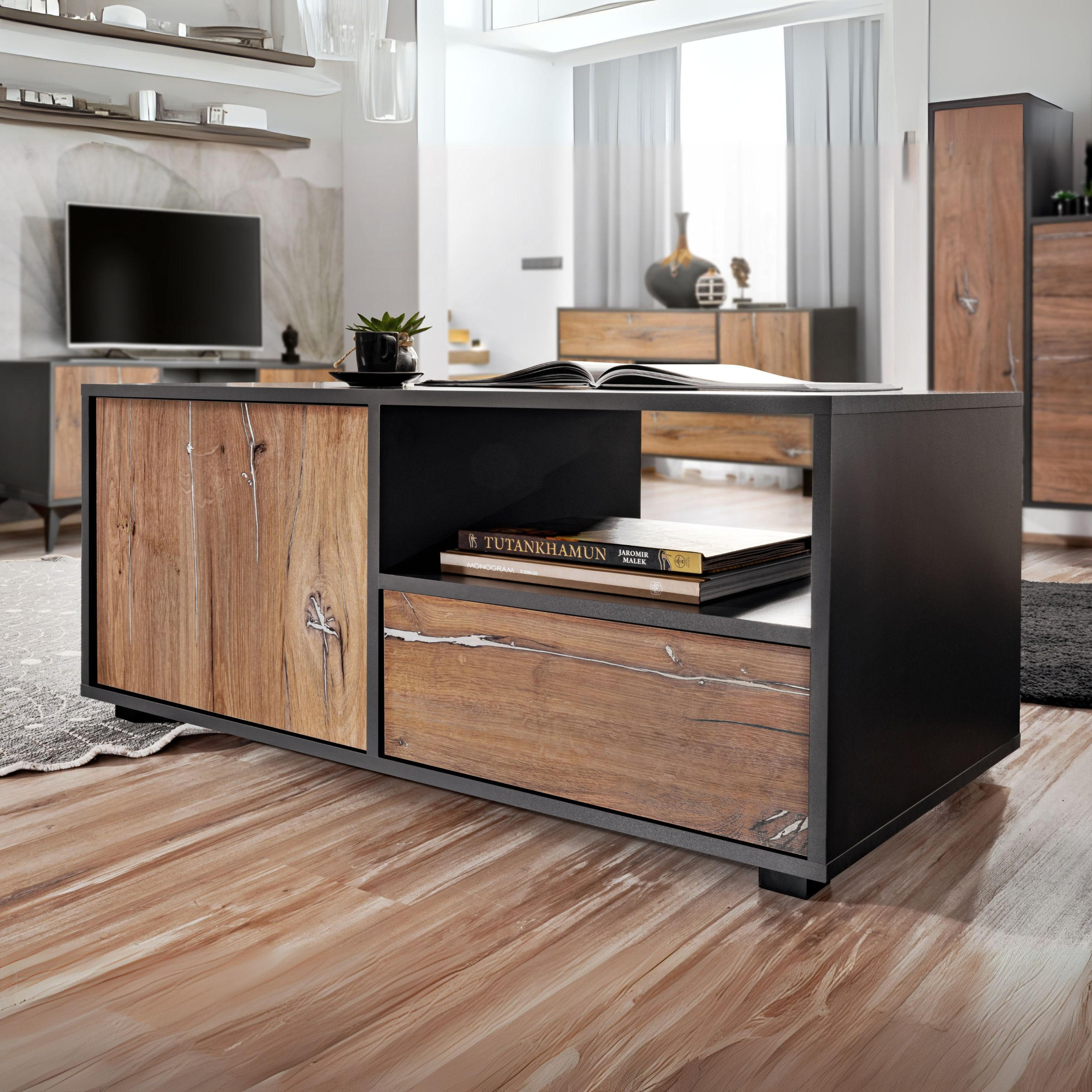 COUCHTISCH ORVIETO STO, 2 Türen, 3 Schließfächer, Eiche, Anthrazit - Eichefarben/Anthrazit, Holzwerkstoff (50/100/42.8cm) - Komodee