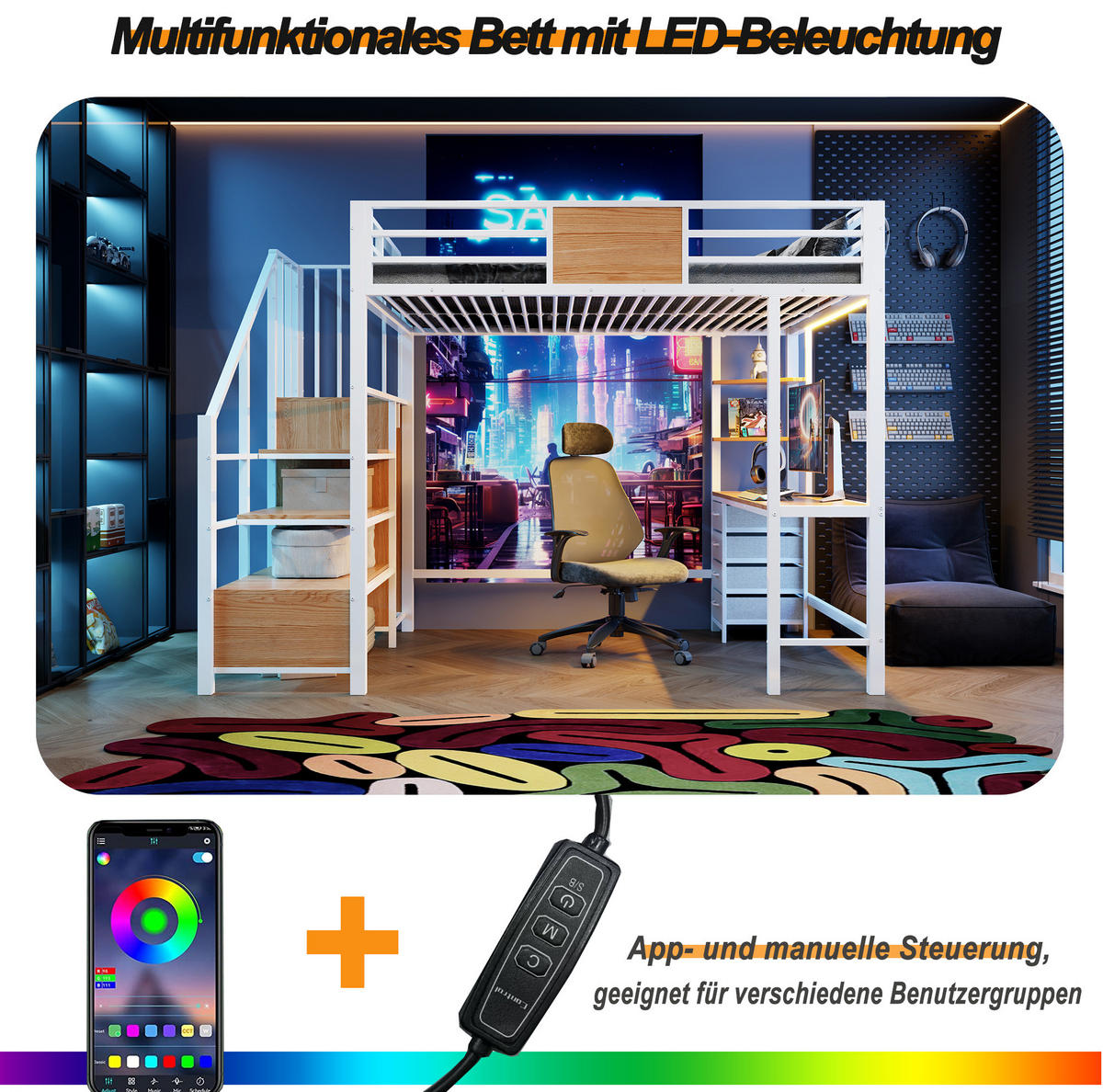 HOCHBETT 140/200 cm Weiß mit Schreibtisch, LED und Steckdose - Weiß, Metall (140/200cm) - MIVRAY