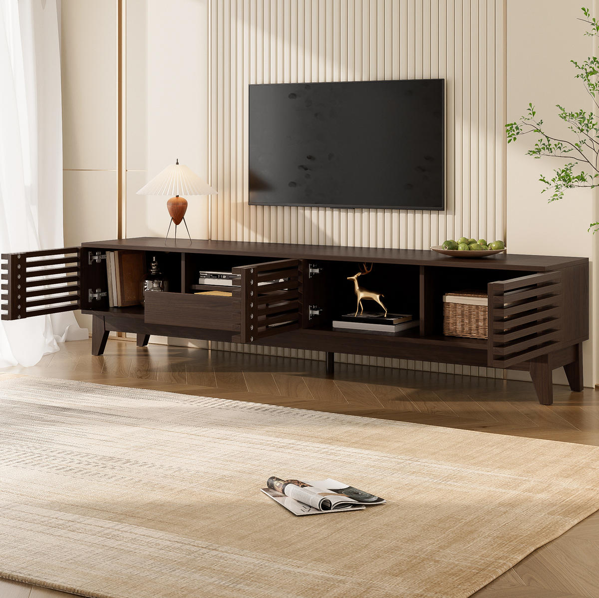 TV-LOWBOARD aus Holzwerkstoff 170x35x40 cm Natur mit 3 Türen, 1 Schublade und Kabeldurchführung im Vintage-Lamellendesign - Naturfarben, Holzwerkstoff (170/40/35cm) - Modfu