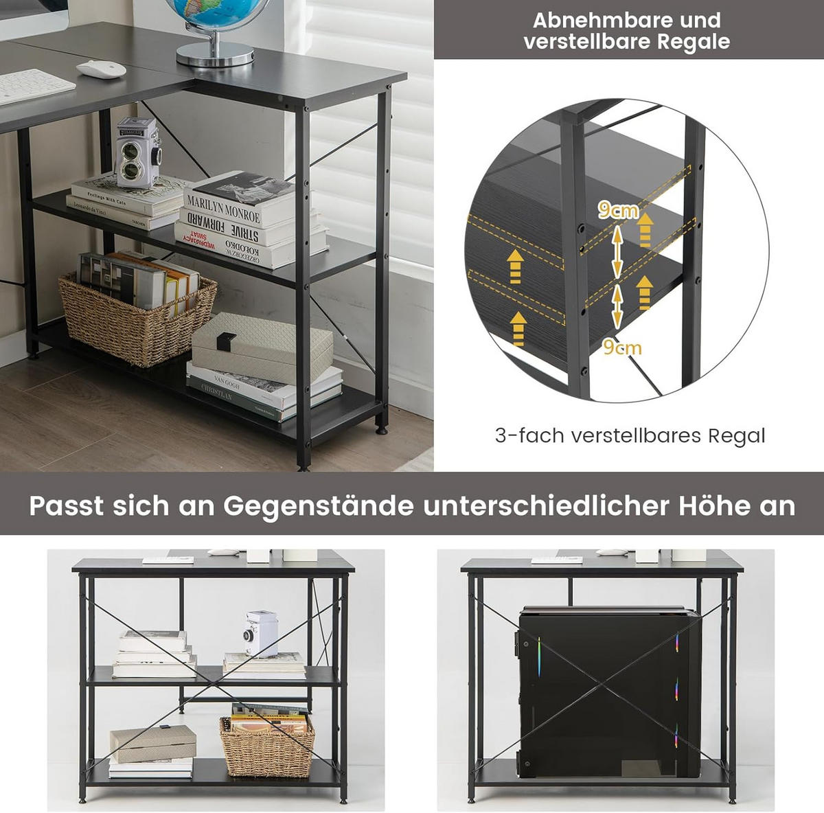 ECKSCHREIBTISCH 75cm Schwarz - Schwarz, Holz (120/88/75cm) - COSTWAY