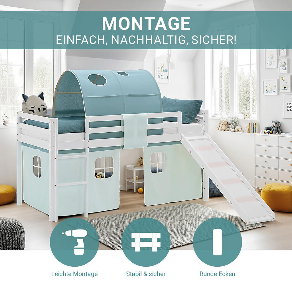 Thumbnail - Homestyle4u Hochbett, Weiß, Mintgrün, Textil, Kiefer, 90x200 cm, Kinder- & Jugendzimmer, Kindermöbel, Kinderbetten, Hoch...