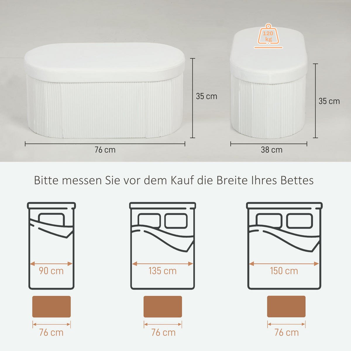 SITZBANK mit Stauraum Weiß 76/38/35 cm - Creme, Textil (38/35/76cm) - HOMCOM