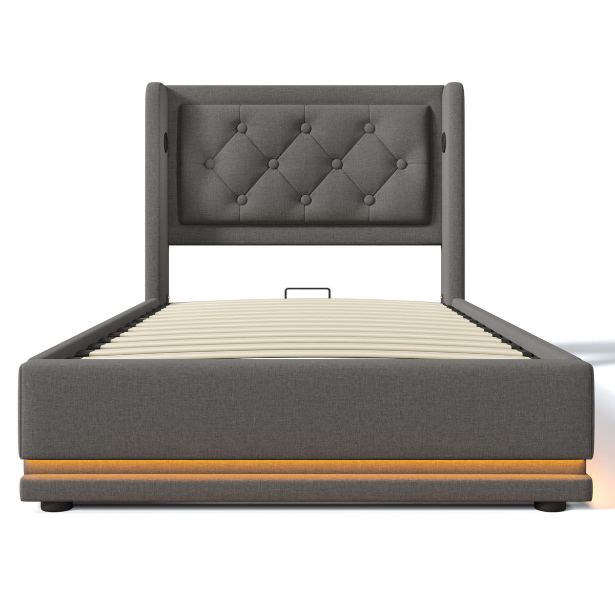BETT mit Stauraum, USB & LED 90x200 cm Baumwolle Grau inkl. Matratze - Grau, Metall (90/200cm) - Meubliv