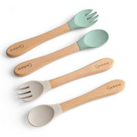 BABY-BESTECK-SET 4-teilig Silikon/Holz Hellgrün/Mandel - Multicolor, Kunststoff